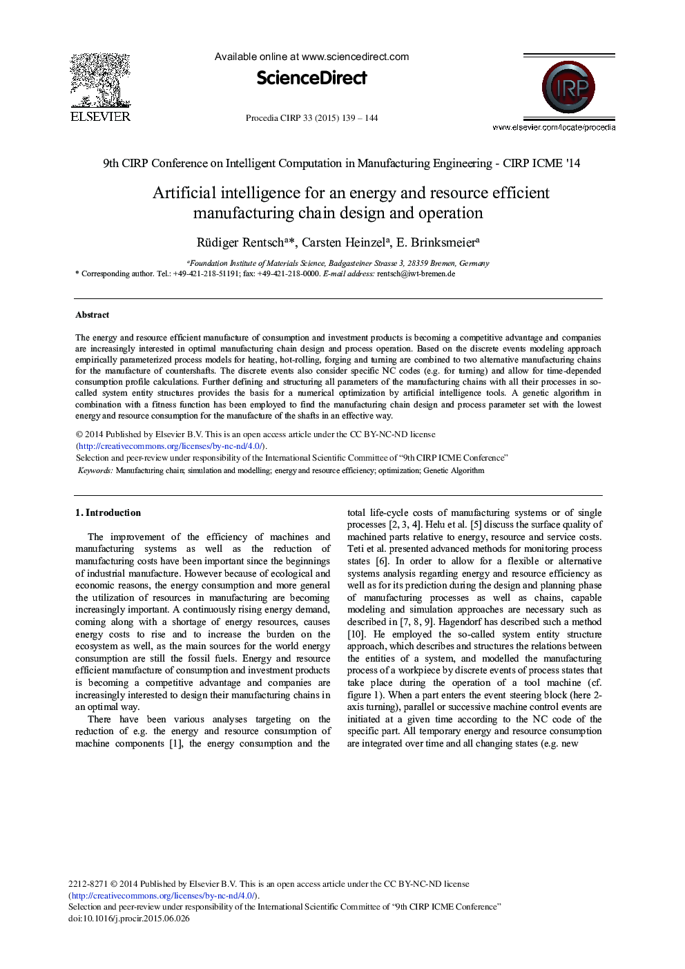 Artificial Intelligence for an Energy and Resource Efficient Manufacturing Chain Design and Operation 