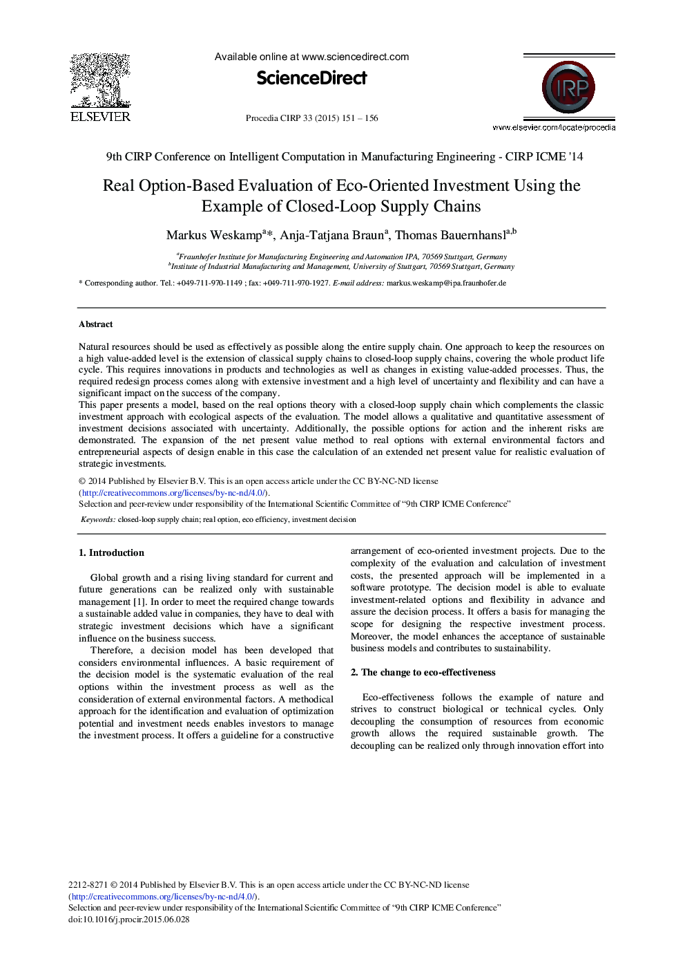 Real Option-based Evaluation of Eco-oriented Investment Using the Example of Closed-loop Supply Chains 