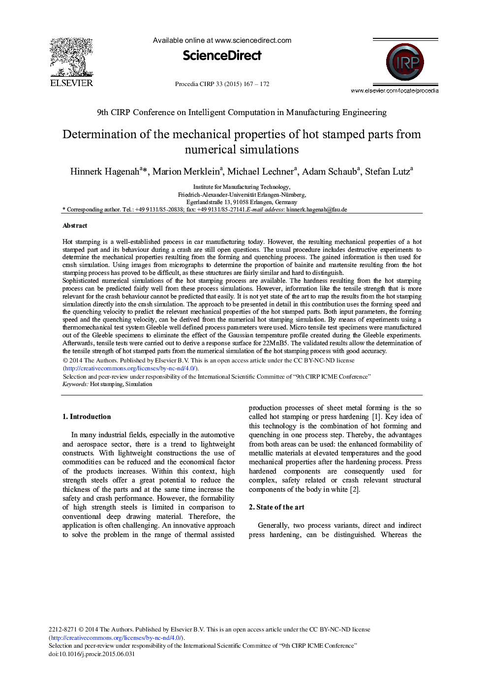 Determination of the Mechanical Properties of Hot Stamped Parts from Numerical Simulations 