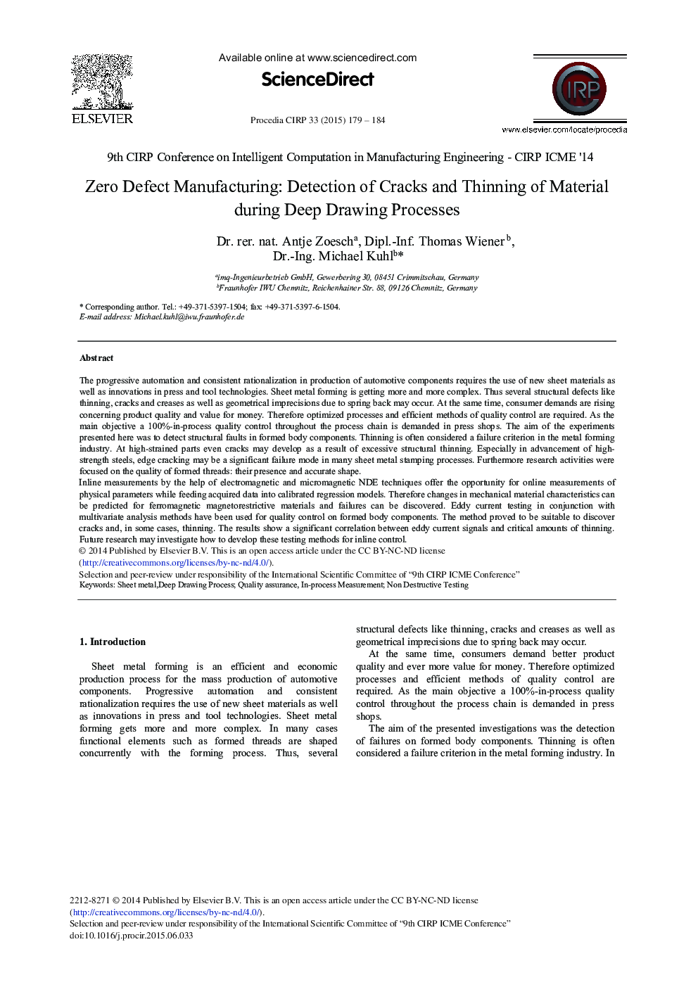 Zero Defect Manufacturing: Detection of Cracks and Thinning of Material during Deep Drawing Processes 