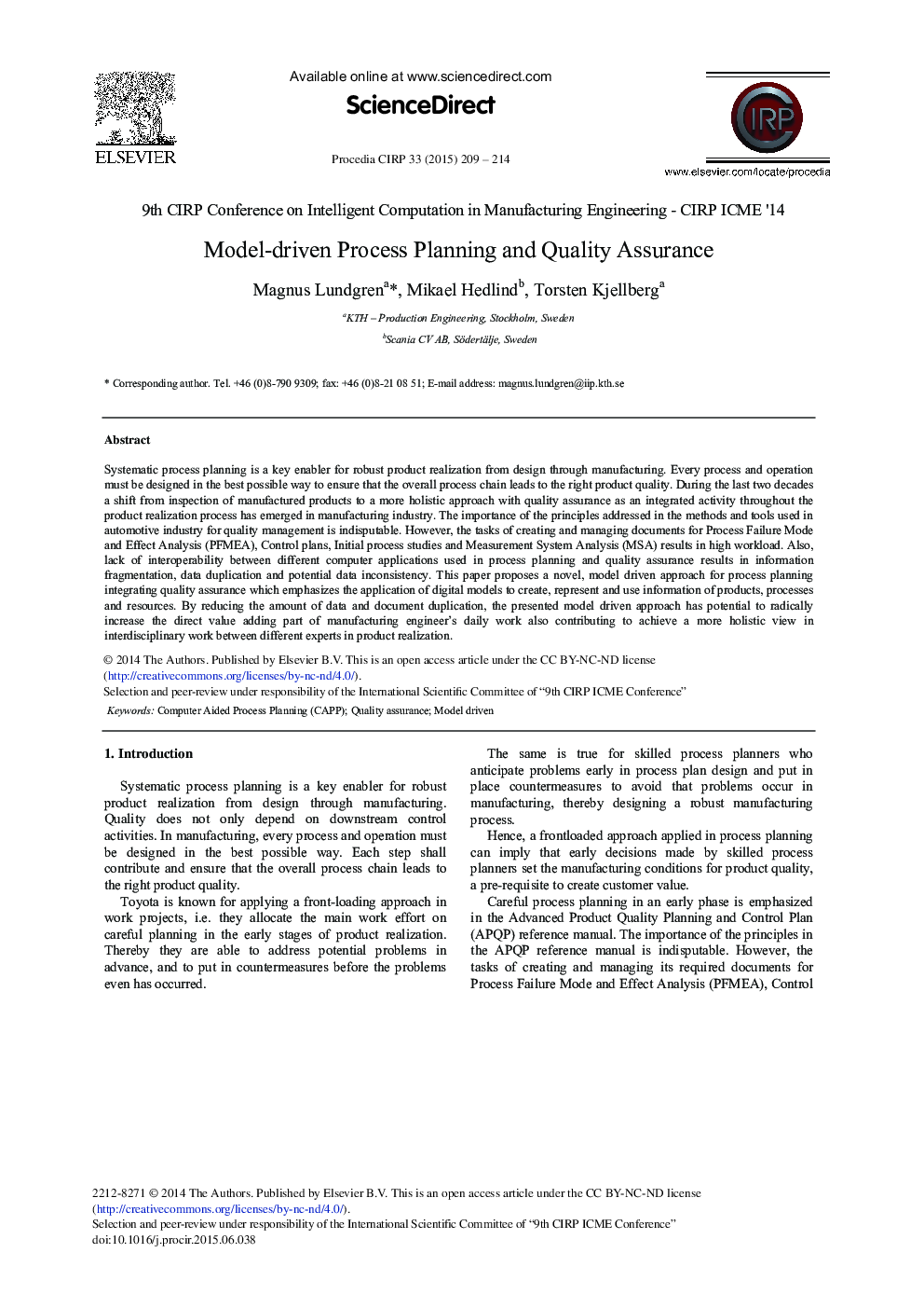 Model-driven Process Planning and Quality Assurance 