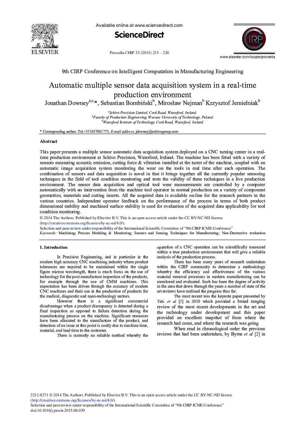 Automatic Multiple Sensor Data Acquisition System in a Real-time Production Environment 