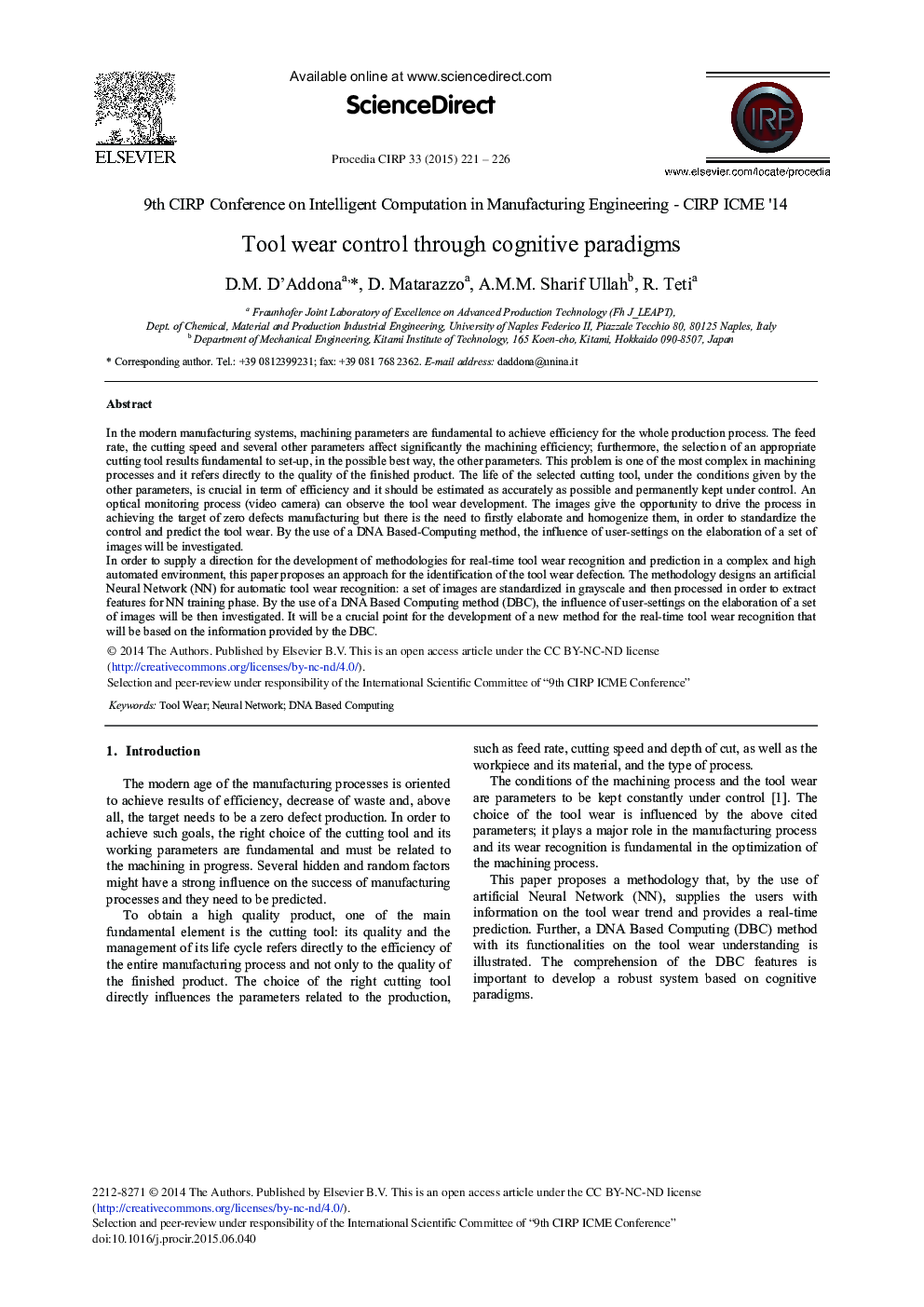 Tool Wear Control through Cognitive Paradigms 