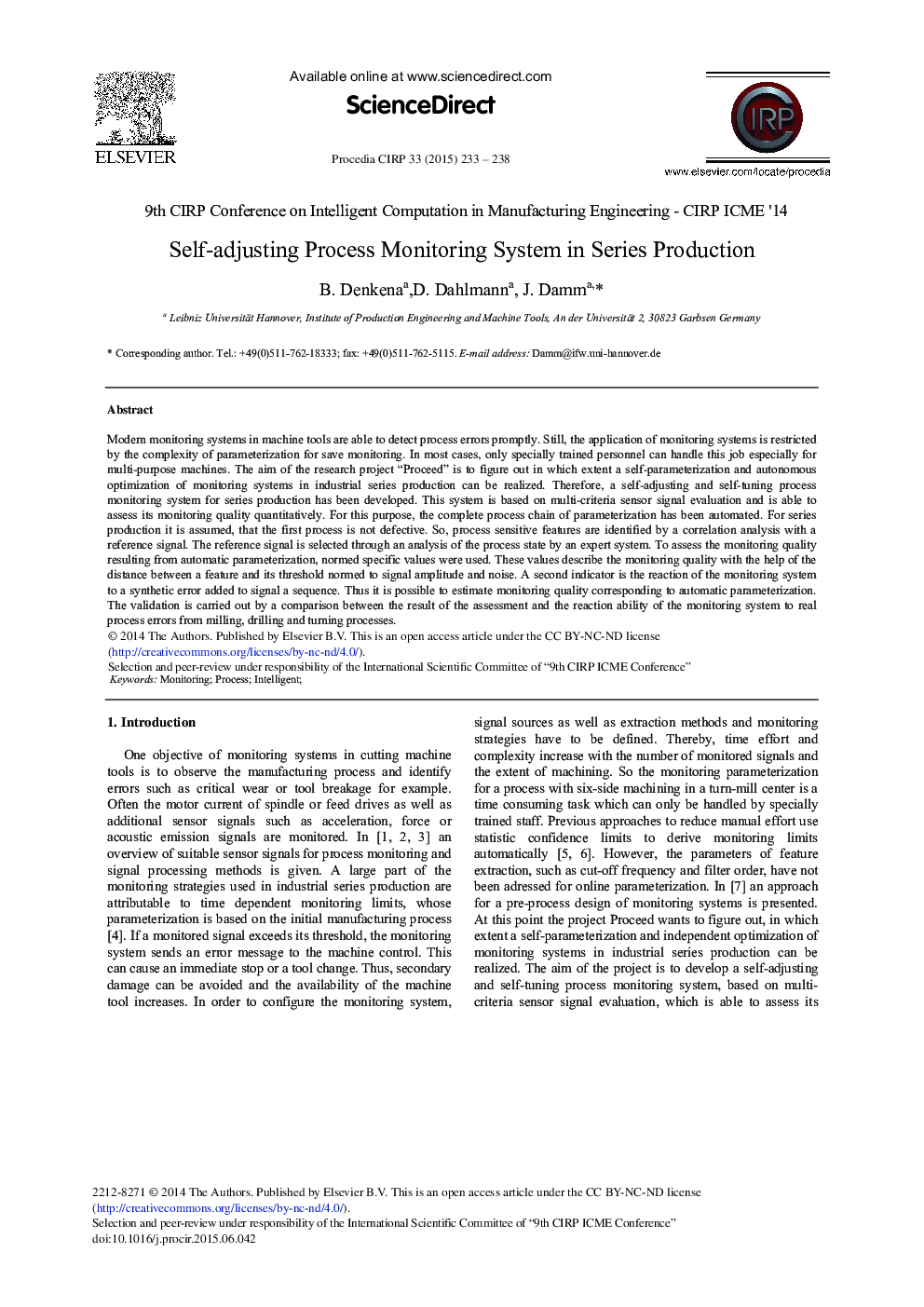 Self-adjusting Process Monitoring System in Series Production 