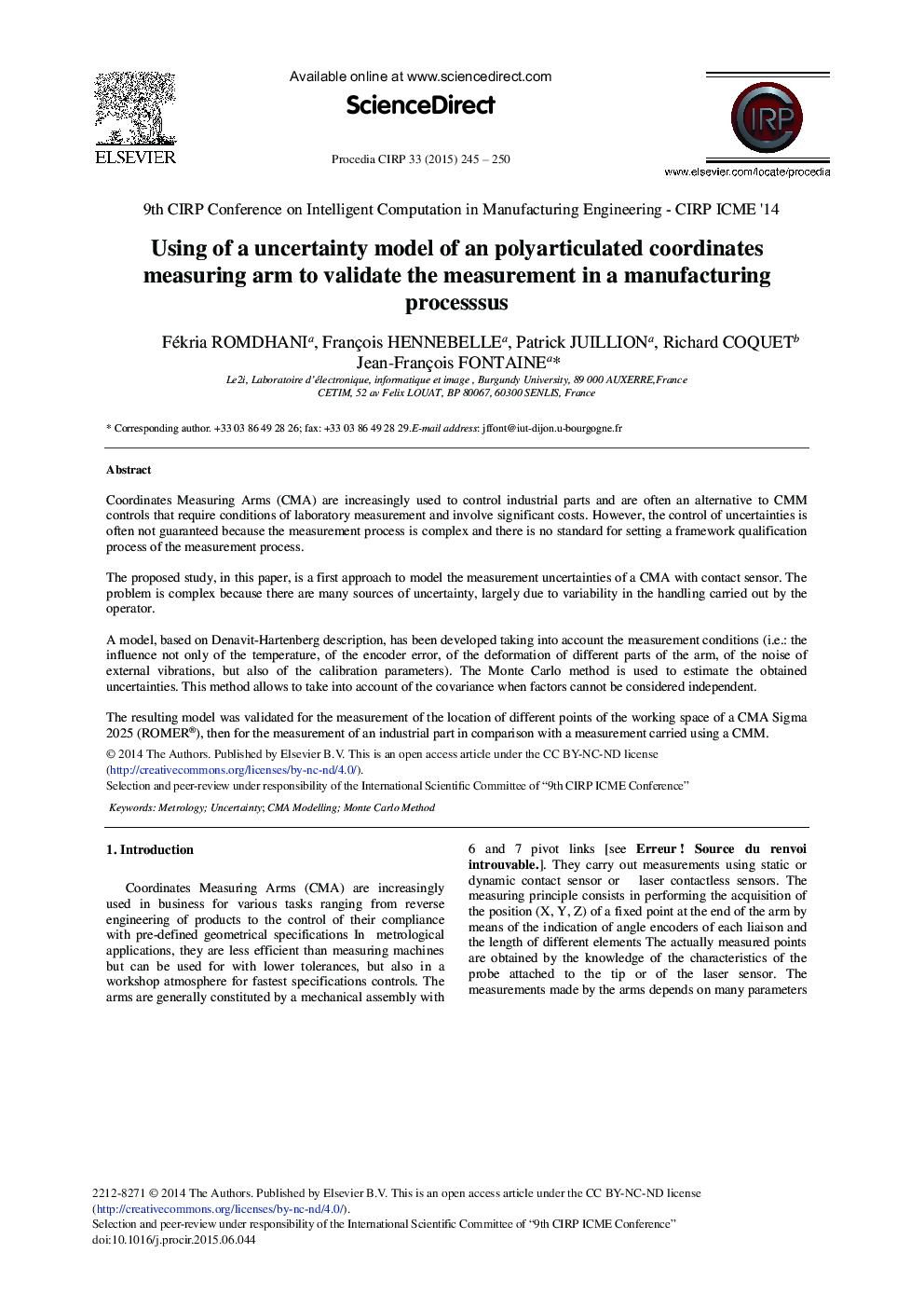 Using of a Uncertainty Model of an Polyarticulated Coordinates Measuring Arm to Validate the Measurement in a Manufacturing Processsus 