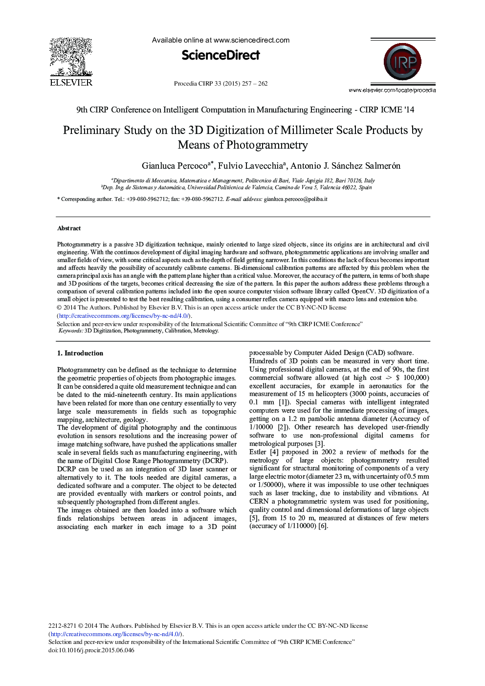 Preliminary Study on the 3D Digitization of Millimeter Scale Products by Means of Photogrammetry 