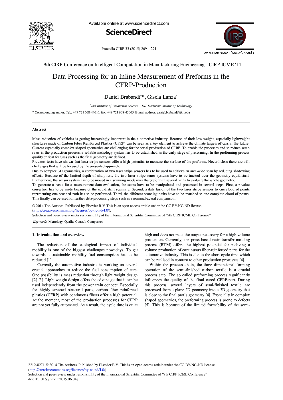 Data Processing for an Inline Measurement of Preforms in the CFRP-Production 