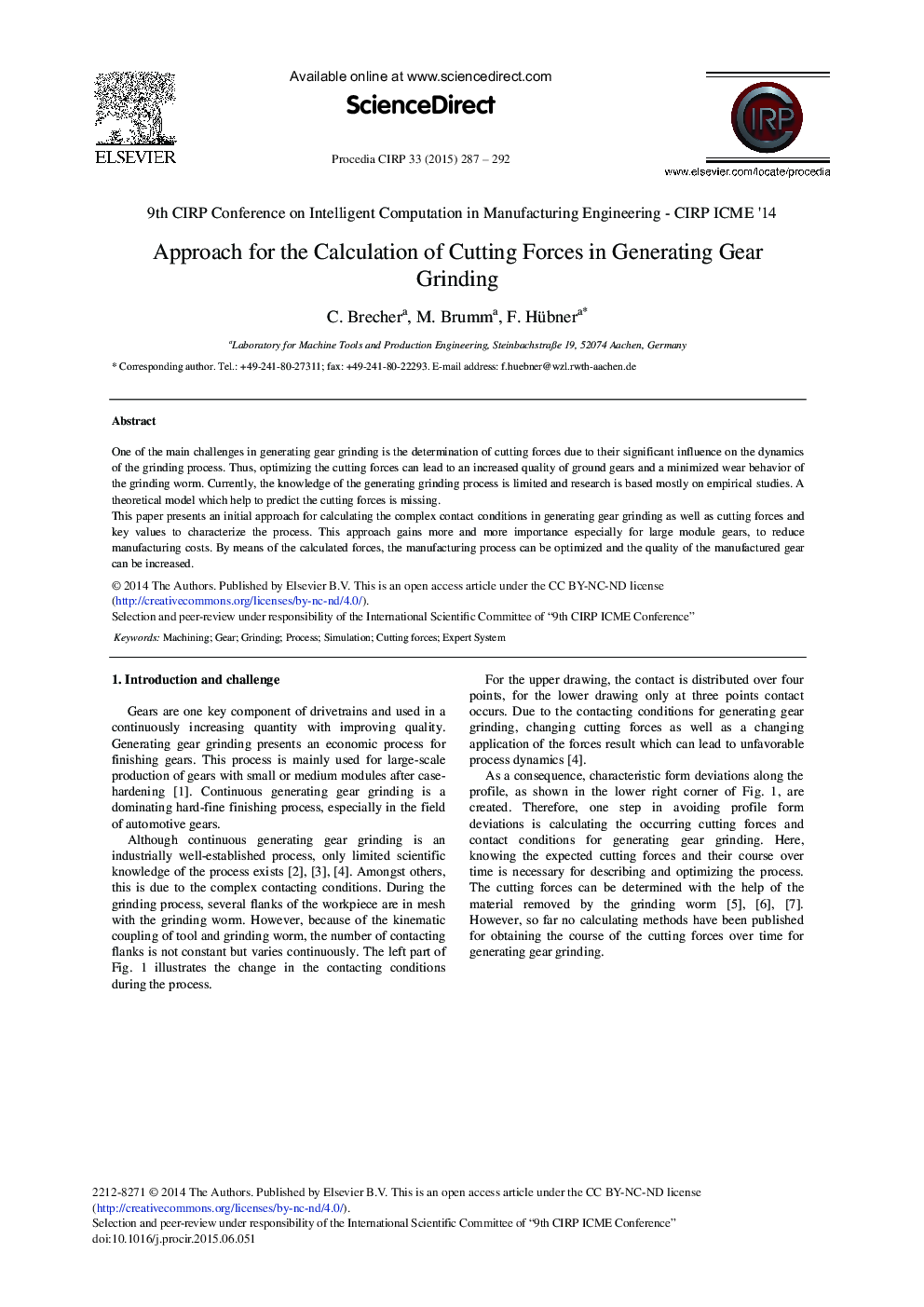 Approach for the Calculation of Cutting Forces in Generating Gear Grinding 