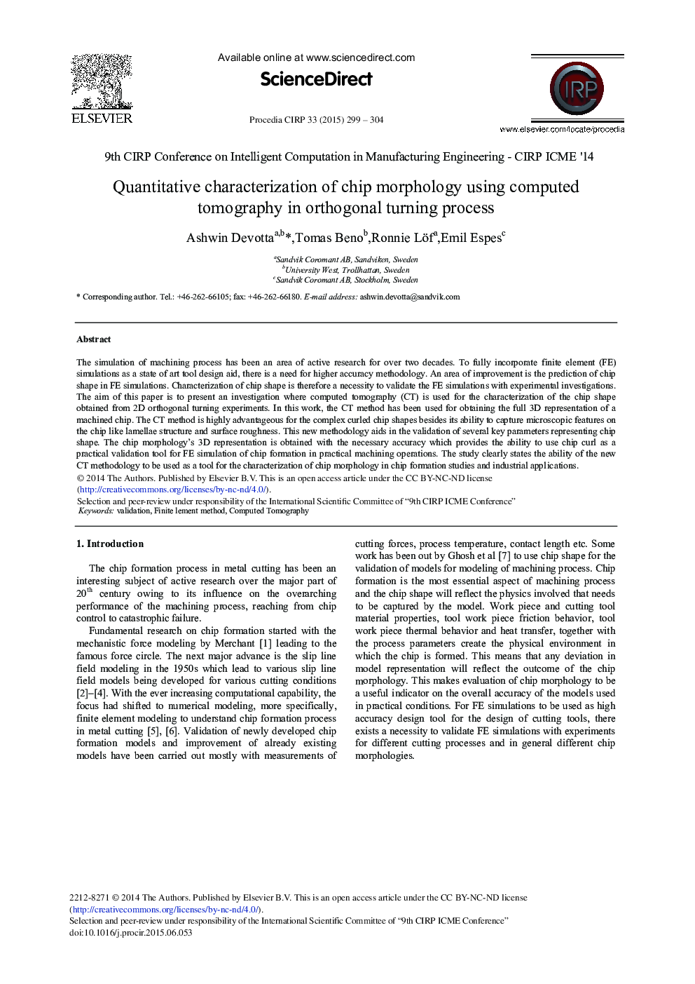 Quantitative Characterization of Chip Morphology Using Computed Tomography in Orthogonal Turning Process 