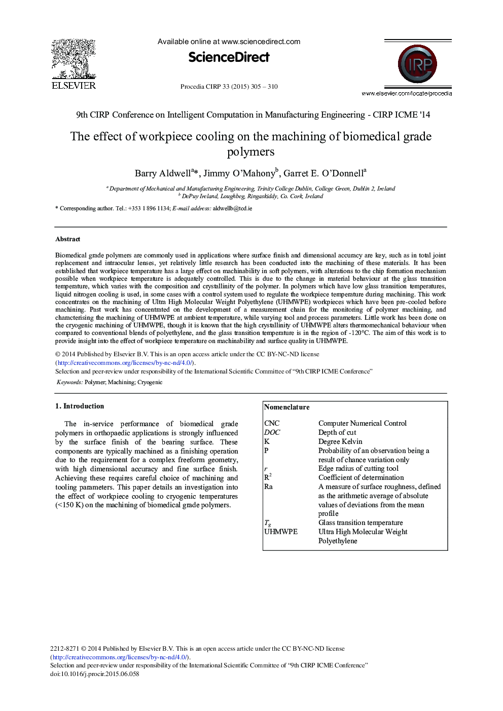 The Effect of Workpiece Cooling on the Machining of Biomedical Grade Polymers 