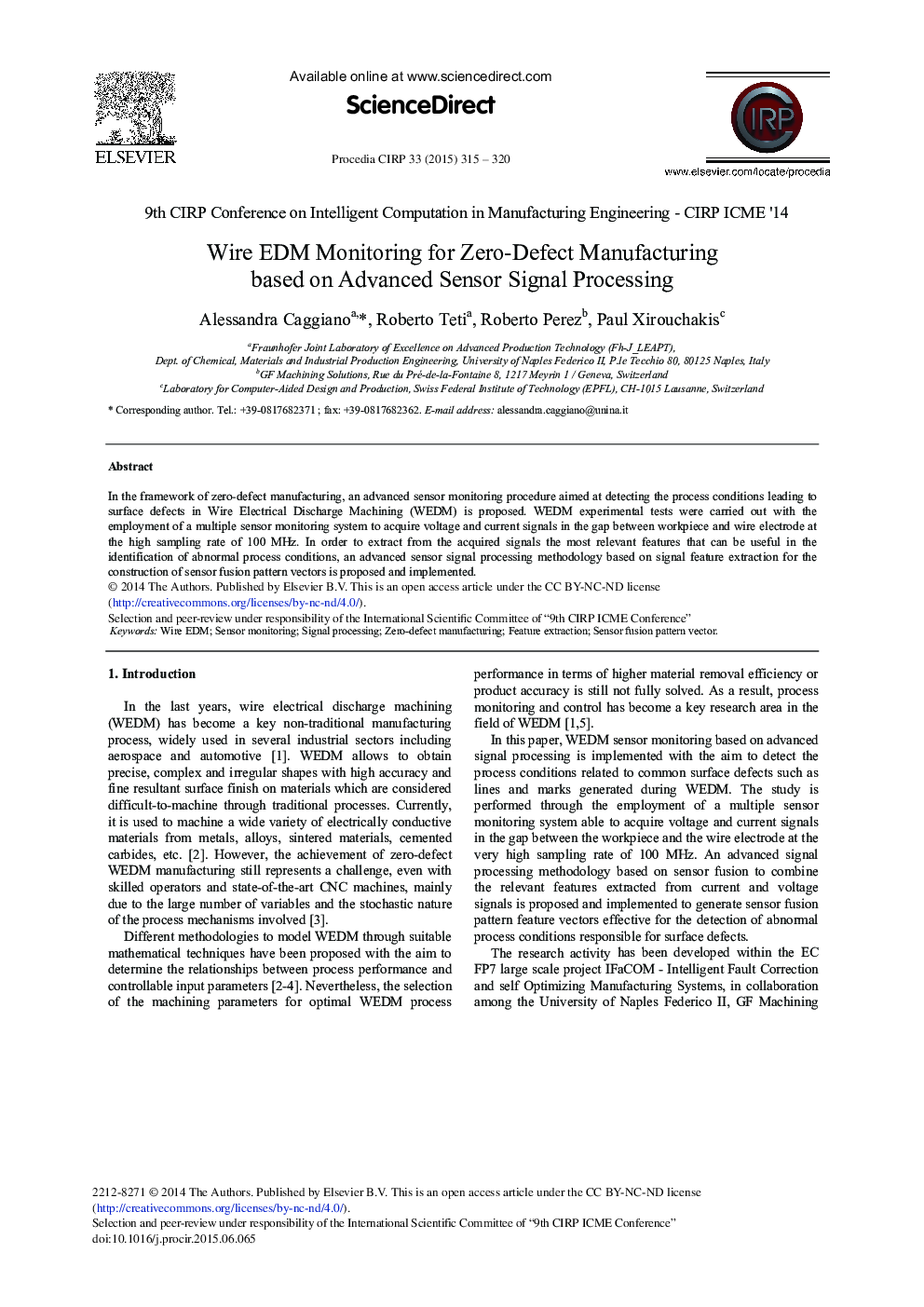 Wire EDM Monitoring for Zero-defect Manufacturing based on Advanced Sensor Signal Processing 