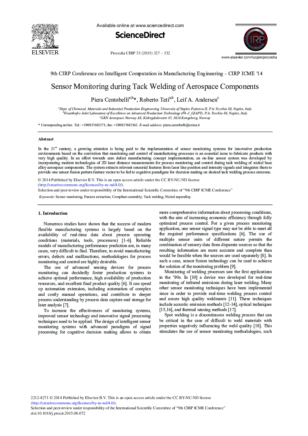 Sensor Monitoring during Tack Welding of Aerospace Components 