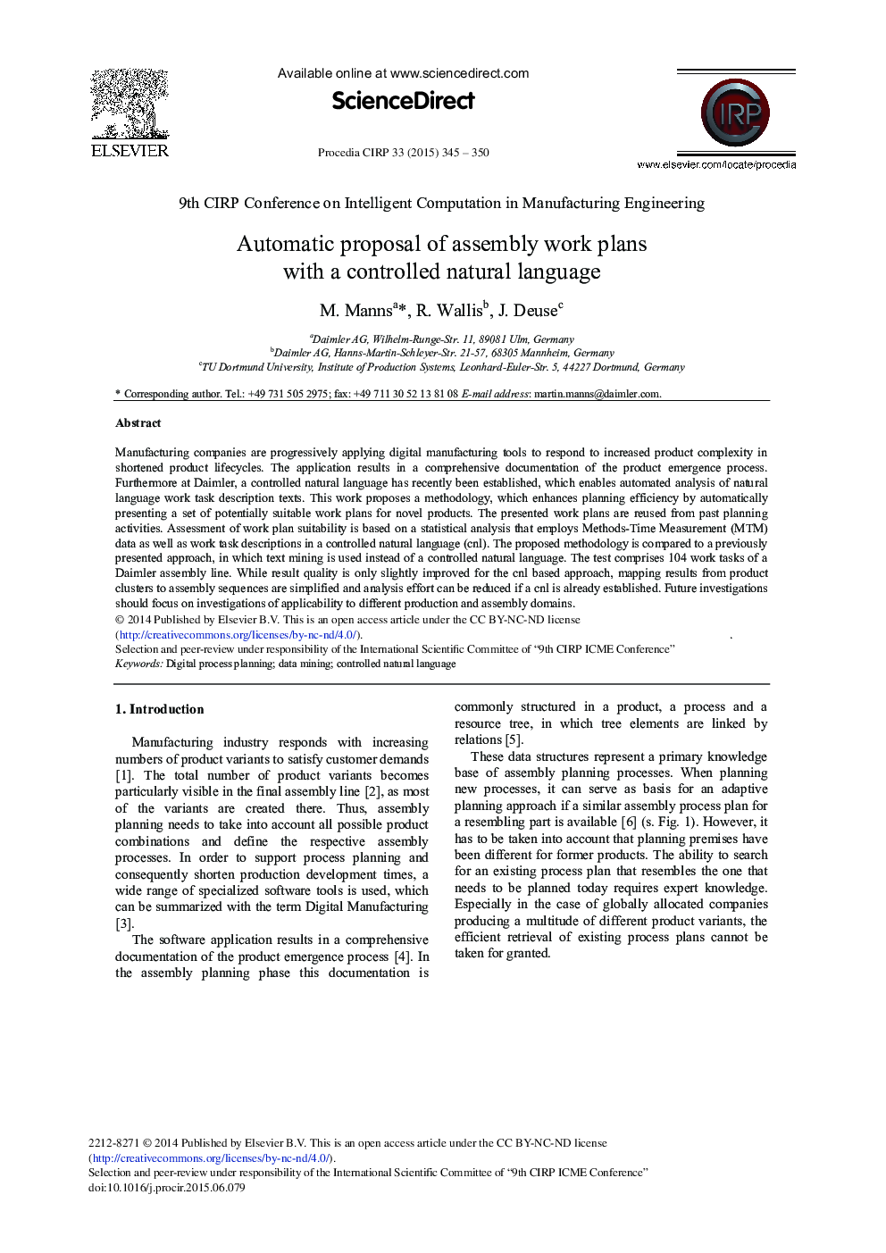 Automatic Proposal of Assembly Work Plans with a Controlled Natural Language 