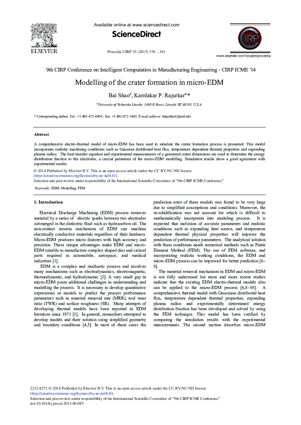 Modelling of the Crater Formation in Micro-EDM 