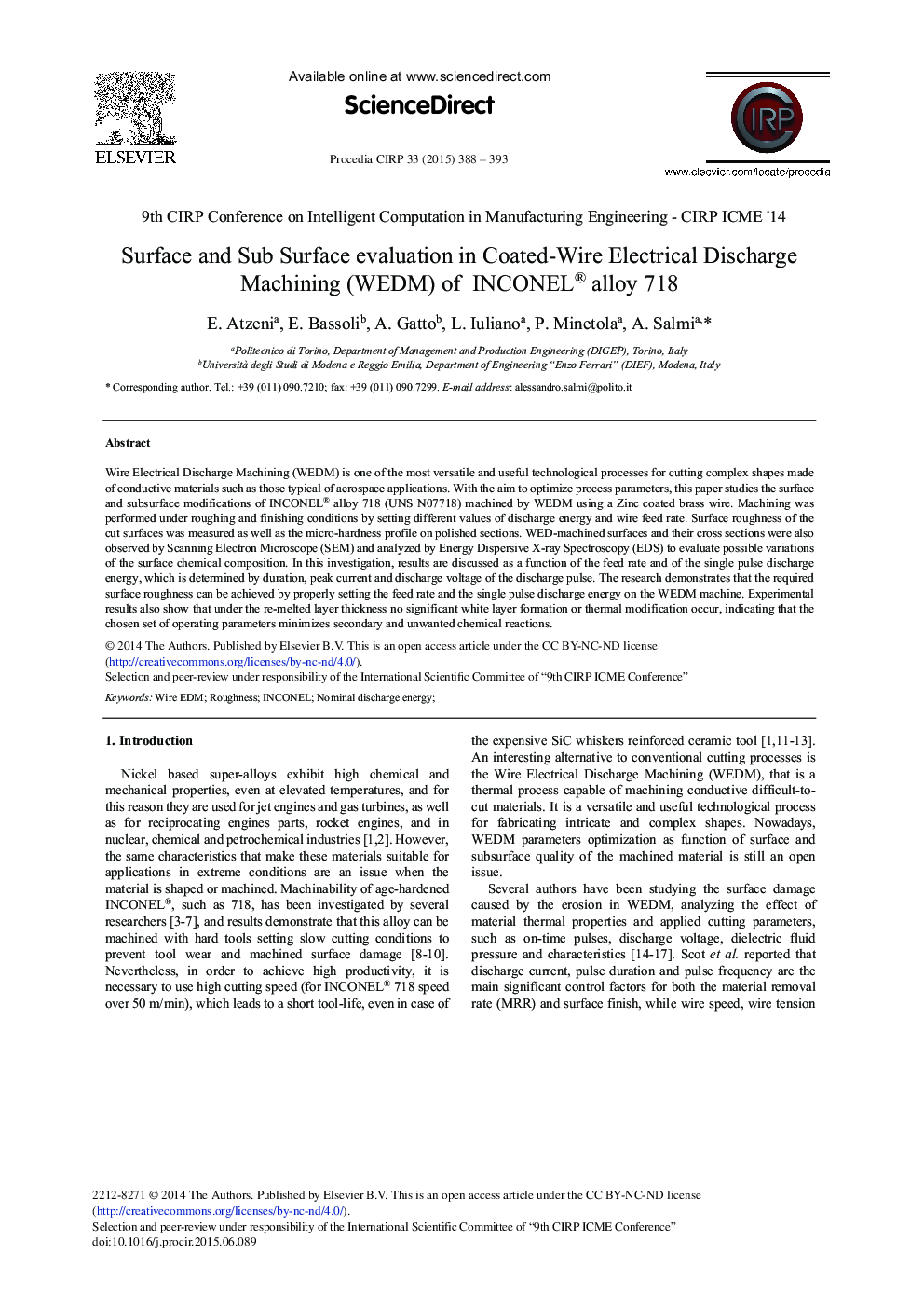 Surface and Sub Surface Evaluation in Coated-Wire Electrical Discharge Machining (WEDM) of INCONEL® Alloy 718 