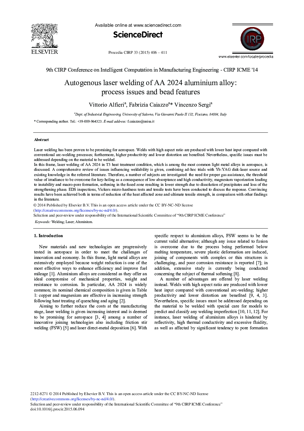 Autogenous Laser Welding of AA 2024 Aluminium Alloy: Process Issues and Bead Features 