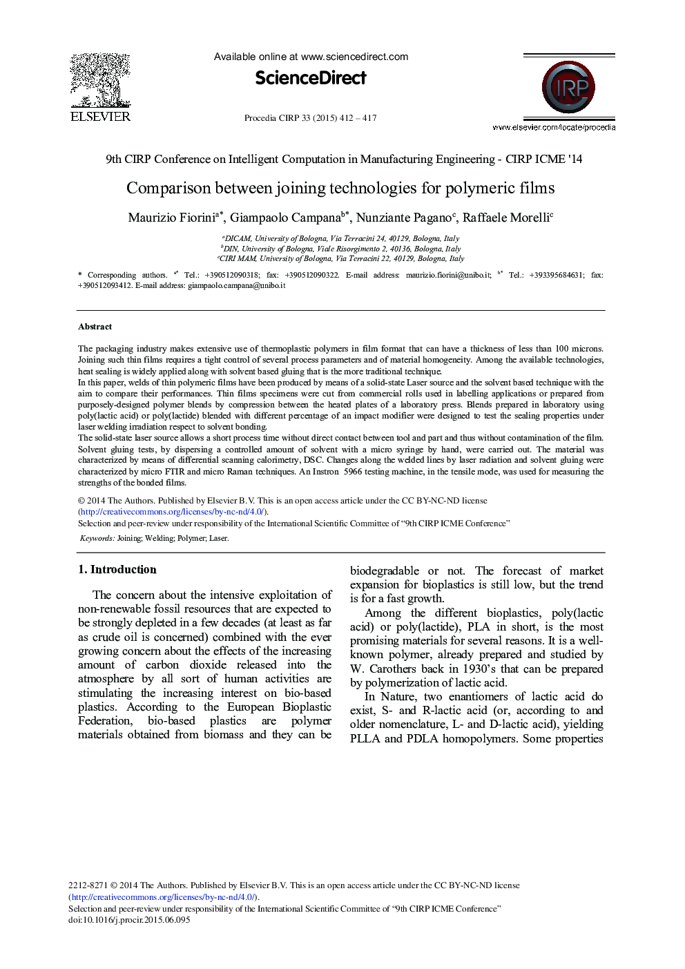 Comparison between Joining Technologies for Polymeric Films 