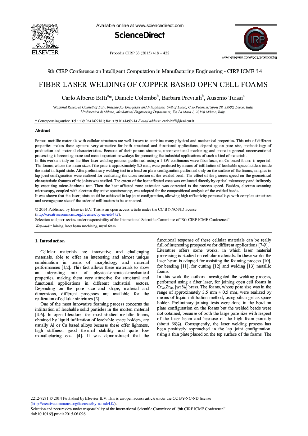 Fiber Laser Welding of Copper based Open Cell Foams 