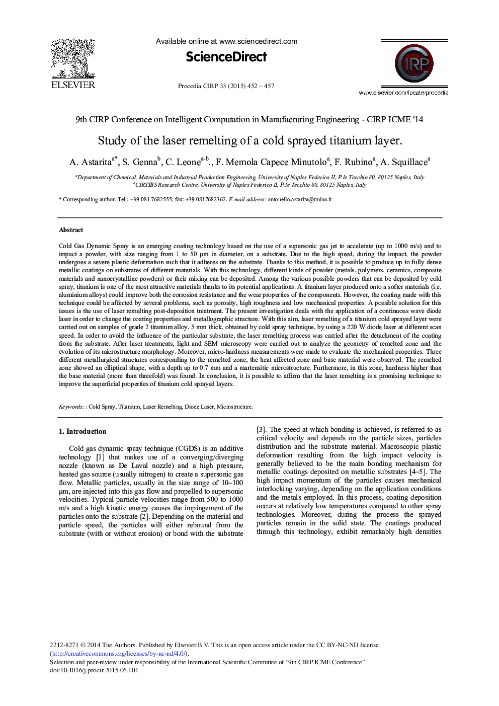 Study of the Laser Remelting of a Cold Sprayed Titanium Layer 