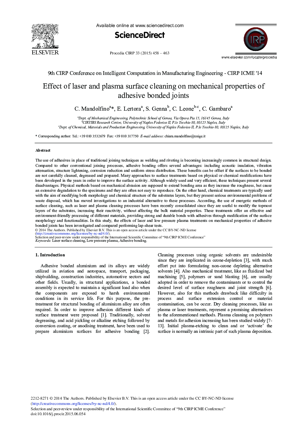 Effect of Laser and Plasma Surface Cleaning on Mechanical Properties of Adhesive Bonded Joints 