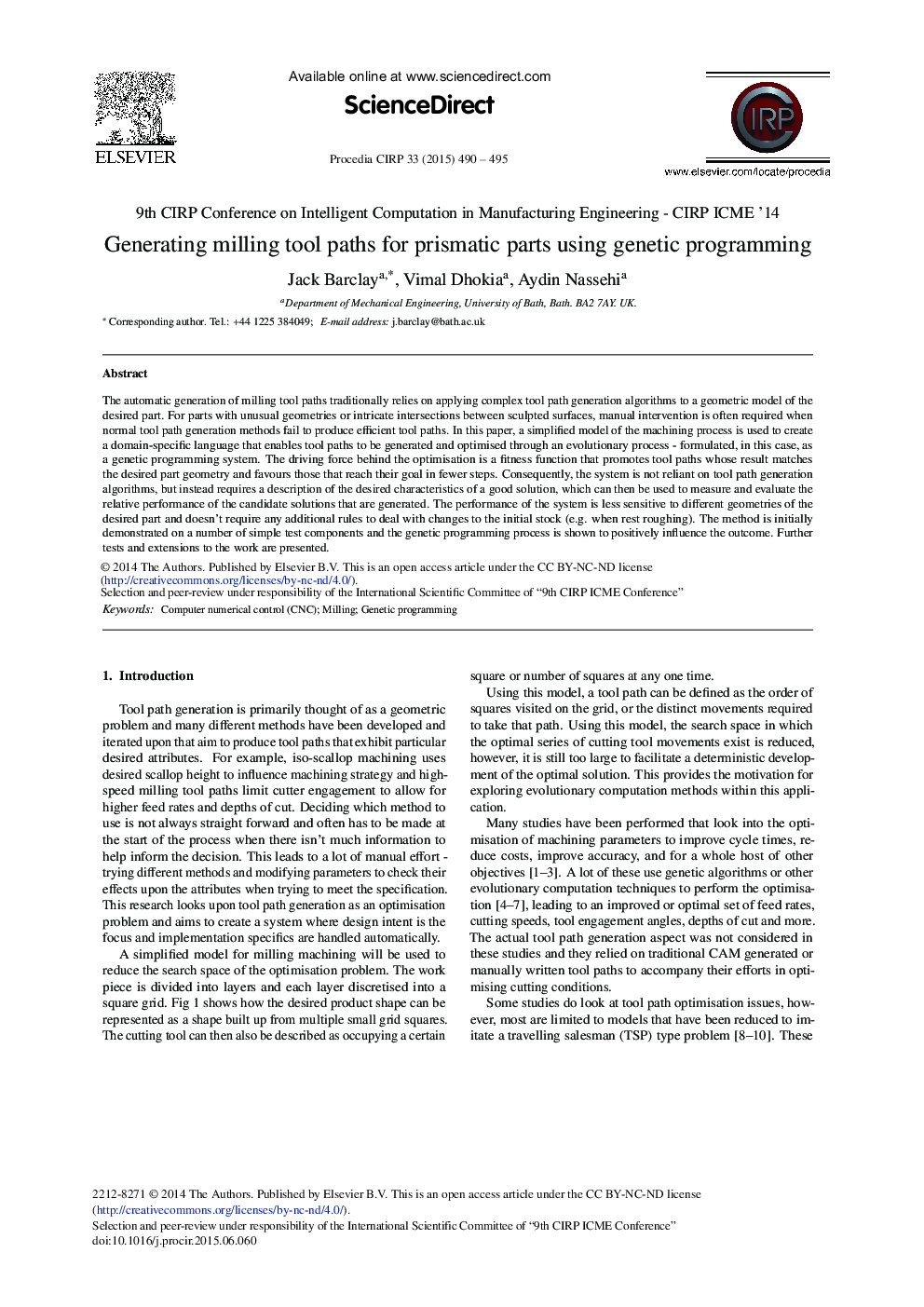 Generating Milling Tool Paths for Prismatic Parts Using Genetic Programming 