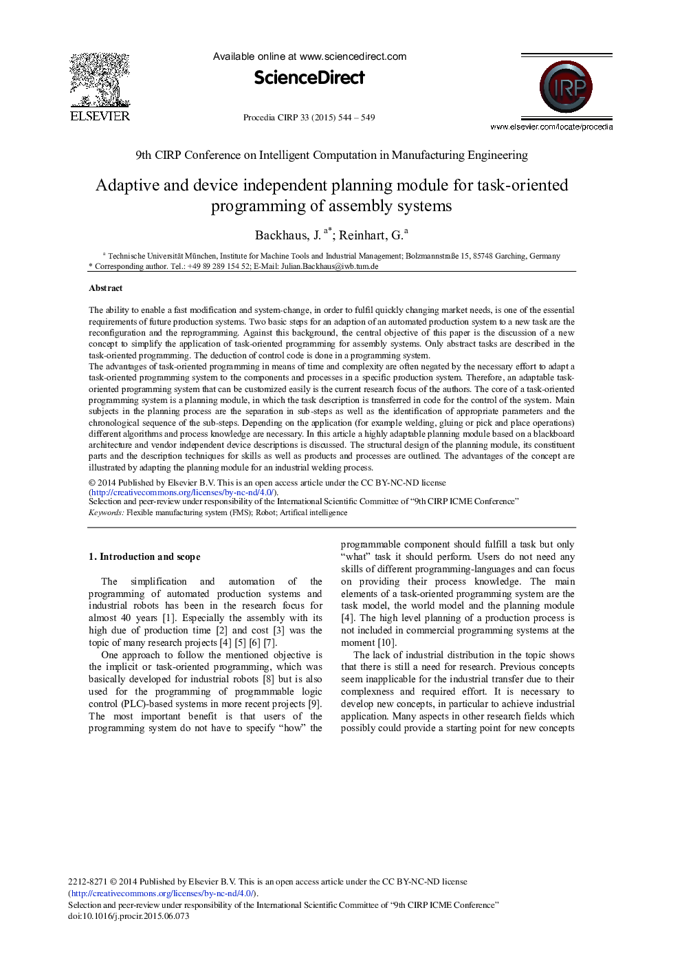 Adaptive and Device Independent Planning Module for Task-Oriented Programming of Assembly Systems 