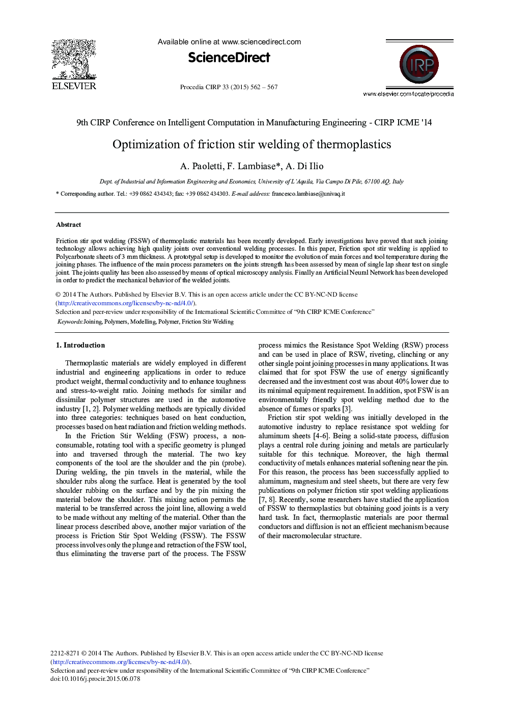 Optimization of Friction Stir Welding of Thermoplastics 