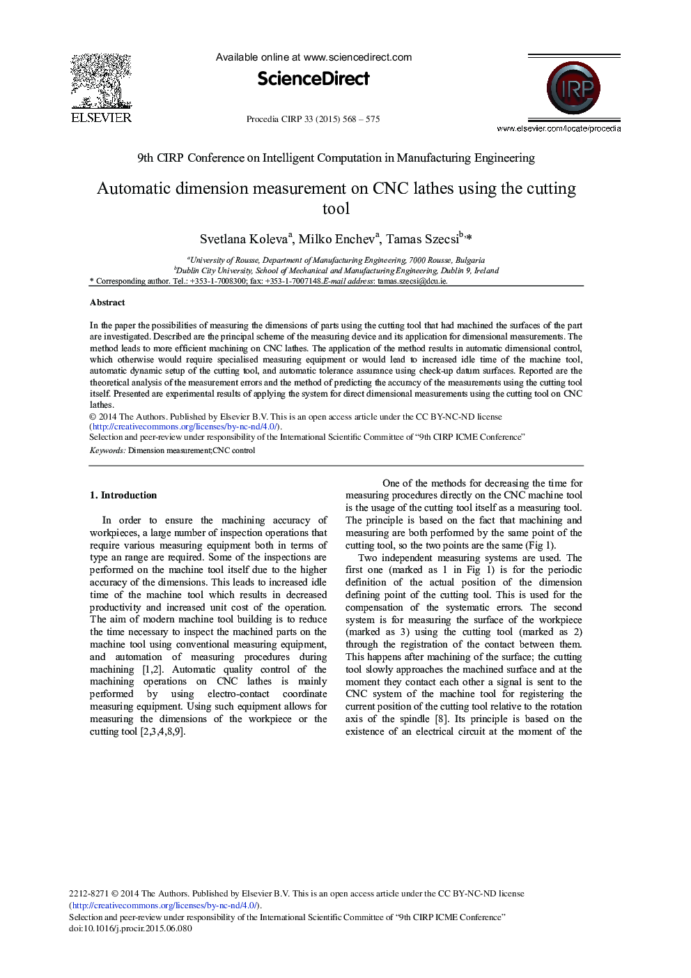 Automatic Dimension Measurement on CNC Lathes Using the Cutting Tool 