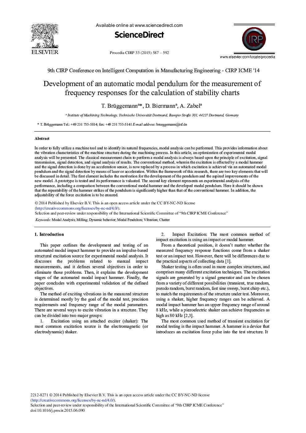 Development of an Automatic Modal Pendulum for the Measurement of Frequency Responses for the Calculation of Stability Charts 