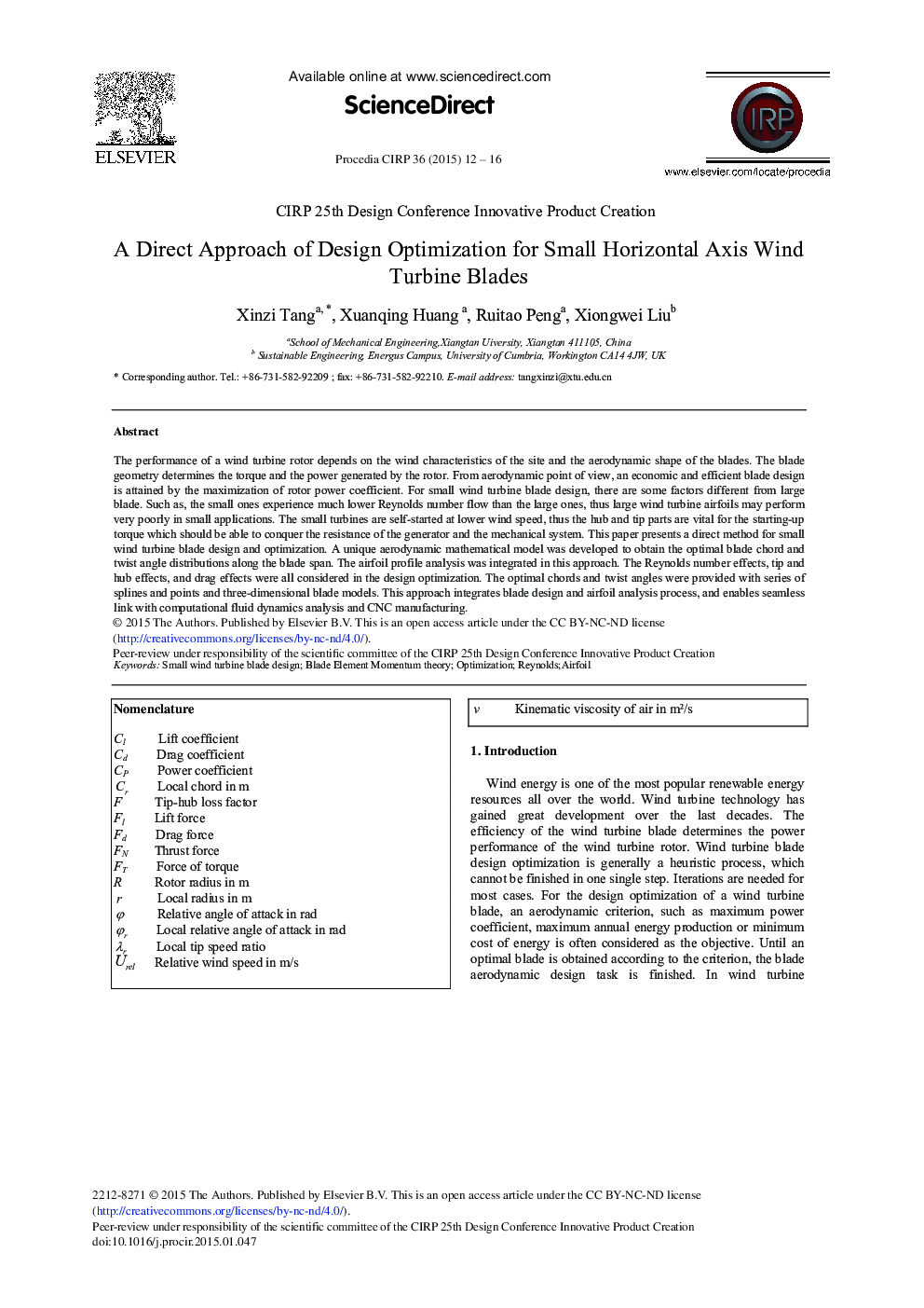 A Direct Approach of Design Optimization for Small Horizontal Axis Wind Turbine Blades 