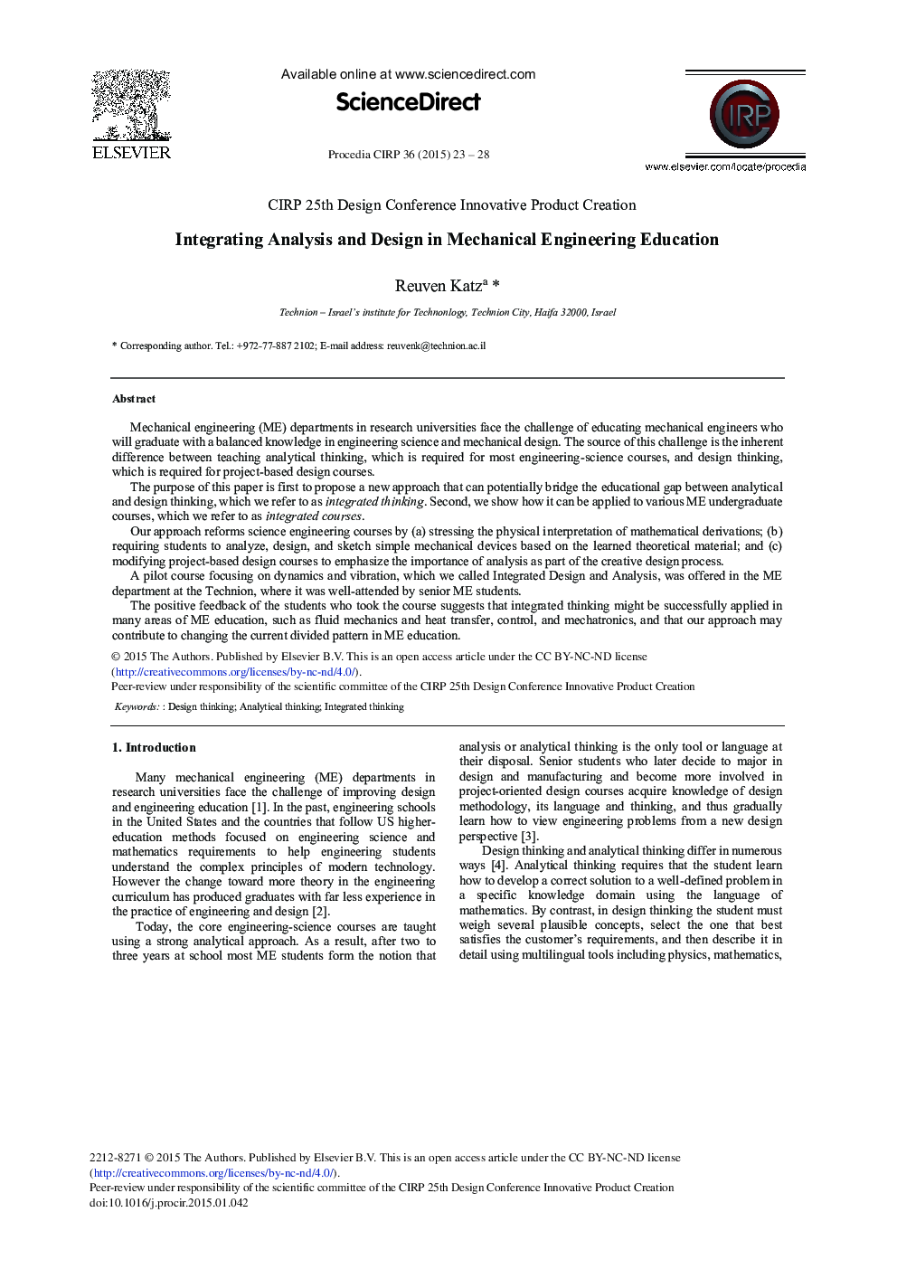 Integrating Analysis and Design in Mechanical Engineering Education 