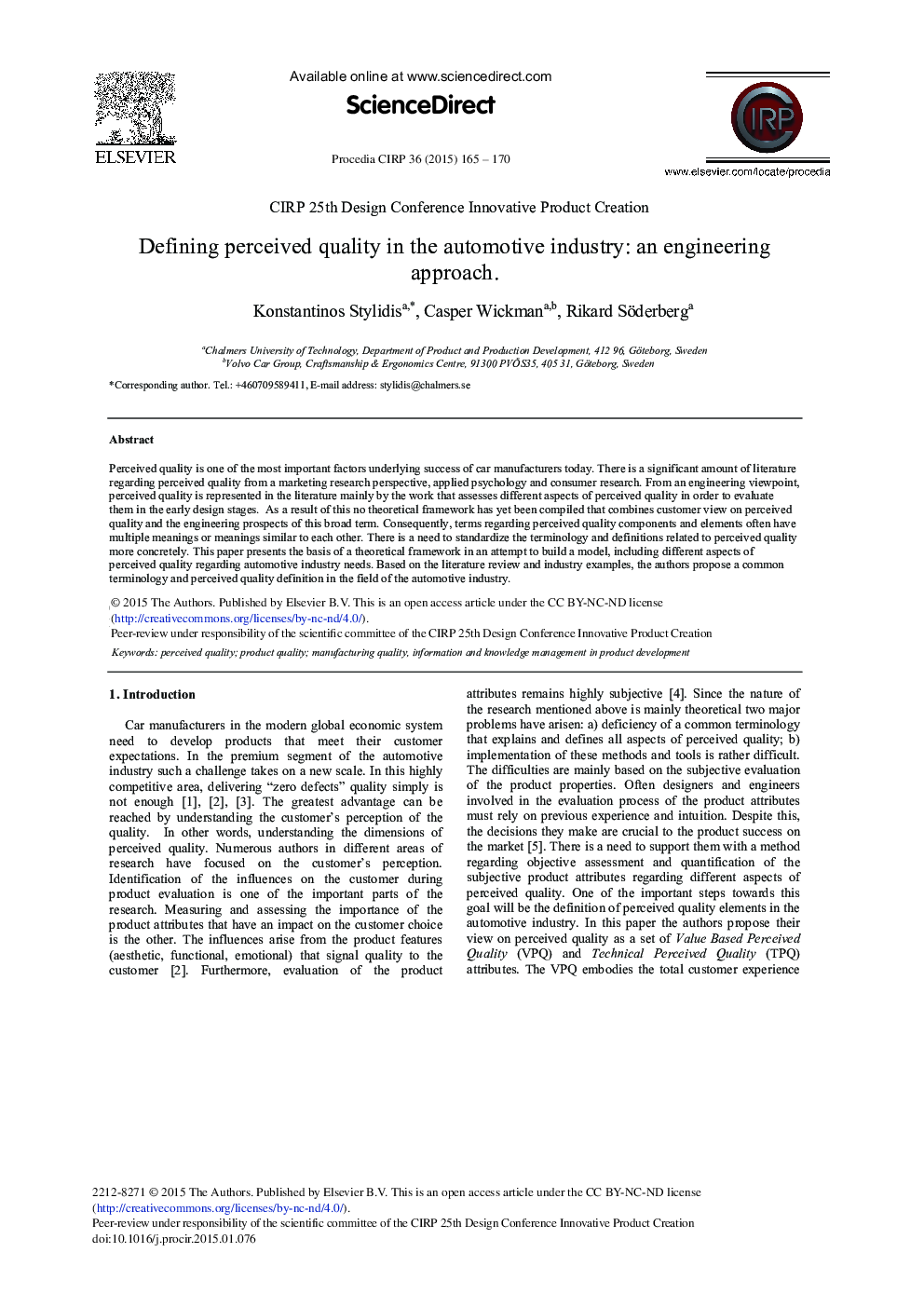 Defining Perceived Quality in the Automotive Industry: An Engineering Approach 