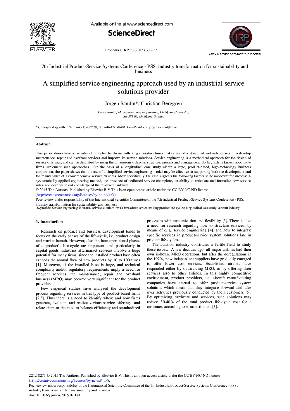 A Simplified Service Engineering Approach used by an Industrial Service Solutions Provider 