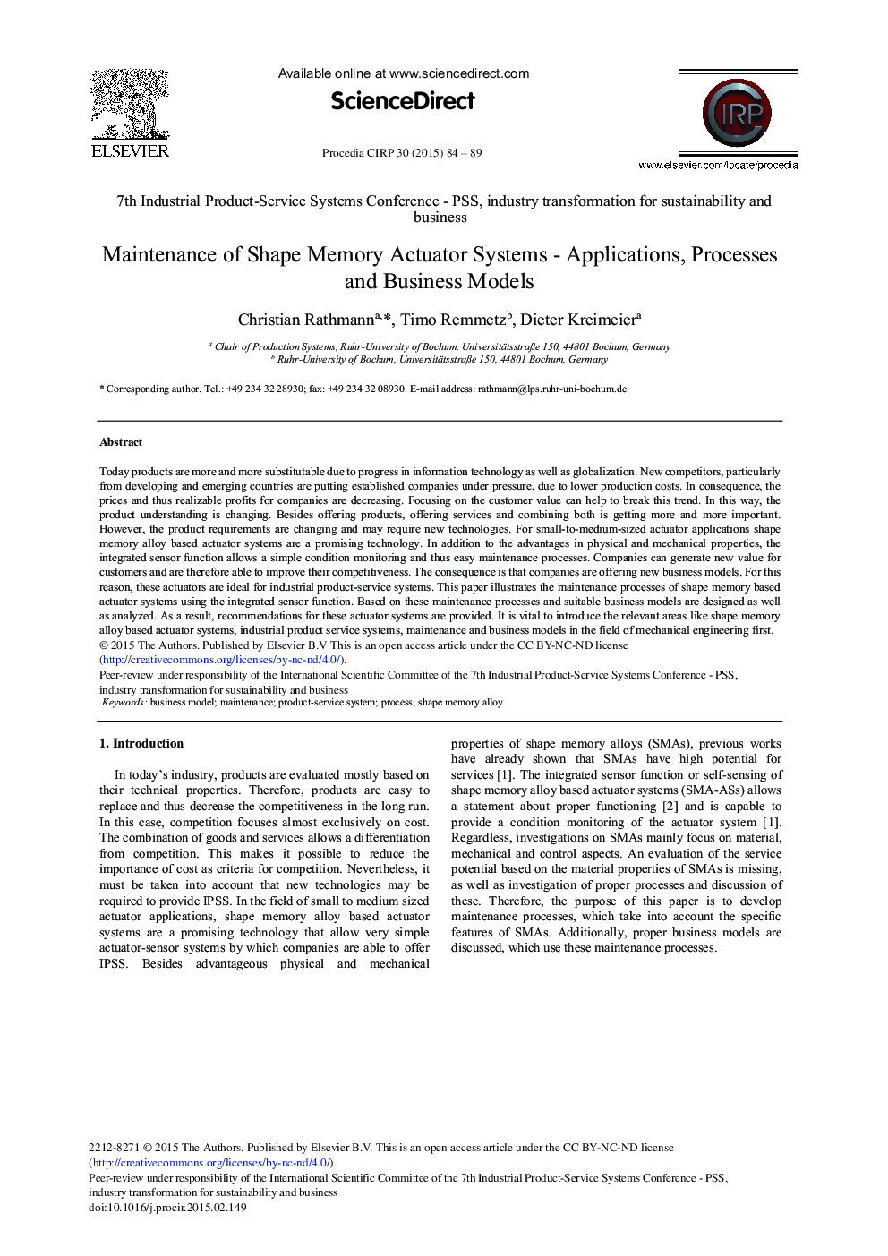 Maintenance of Shape Memory Actuator Systems - Applications, Processes and Business Models 