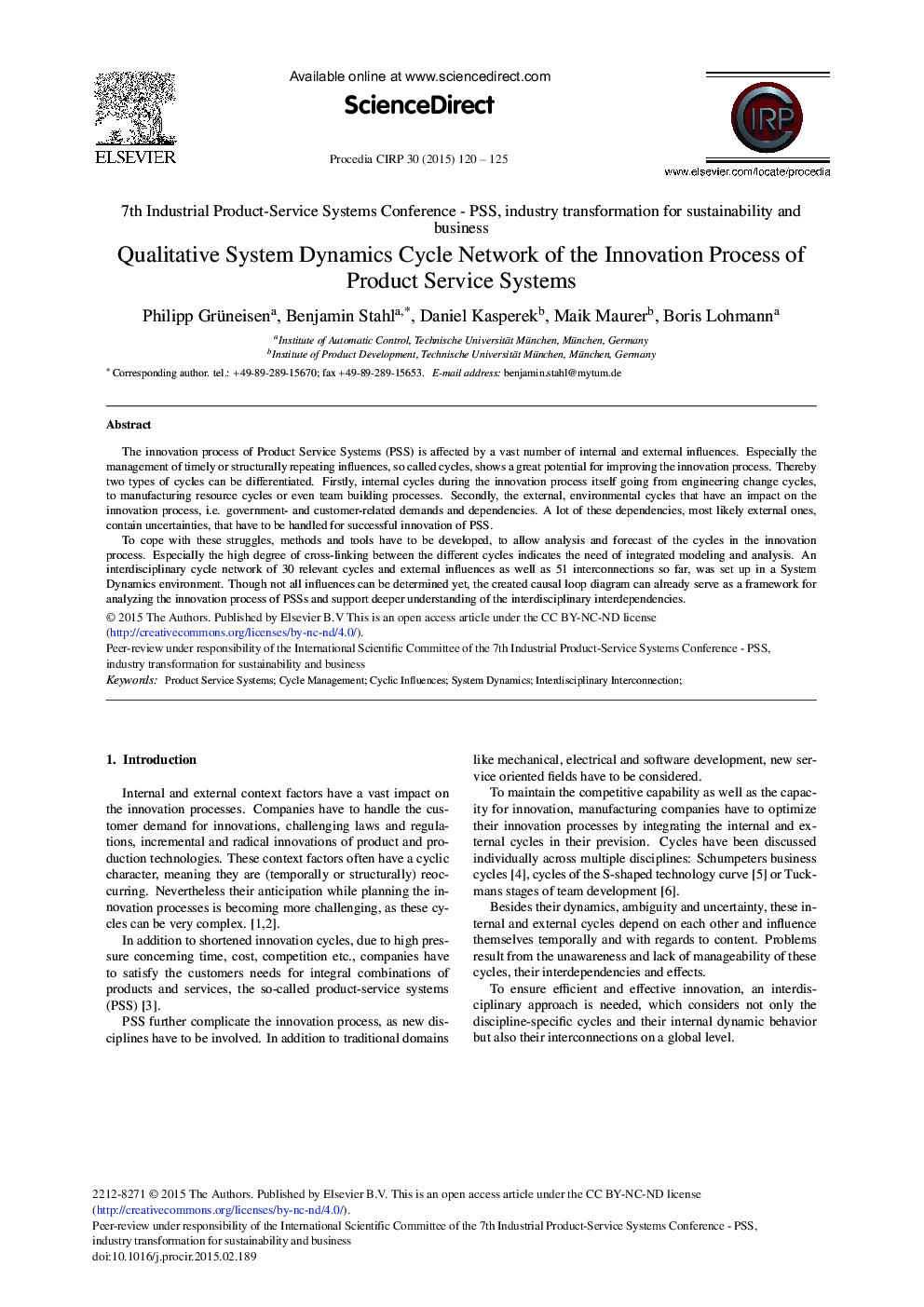 Qualitative System Dynamics Cycle Network of the Innovation Process of Product Service Systems 