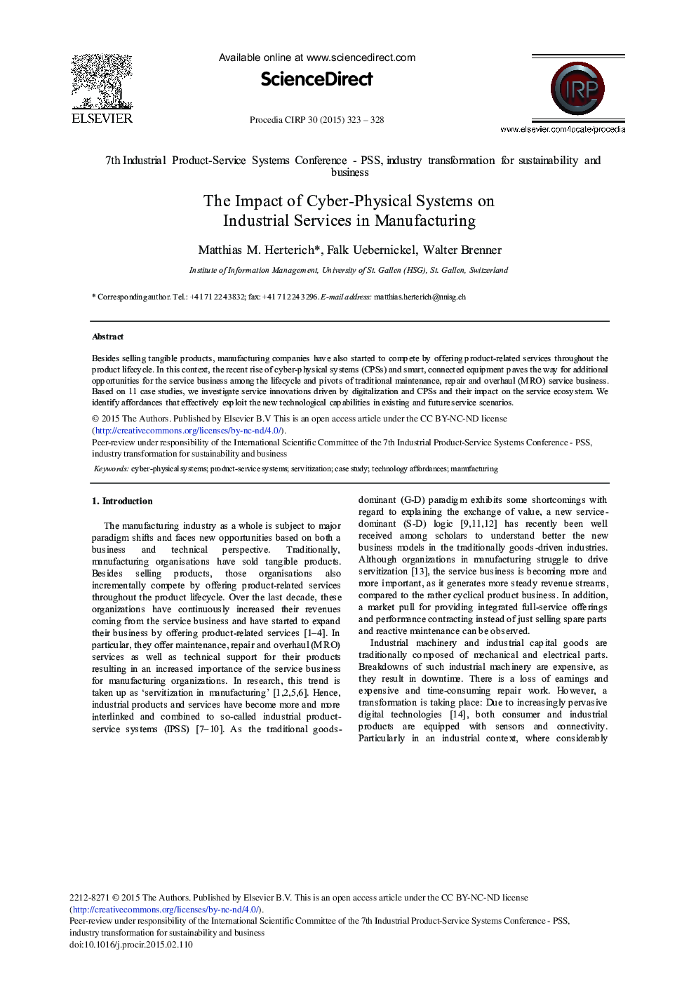 The Impact of Cyber-physical Systems on Industrial Services in Manufacturing 