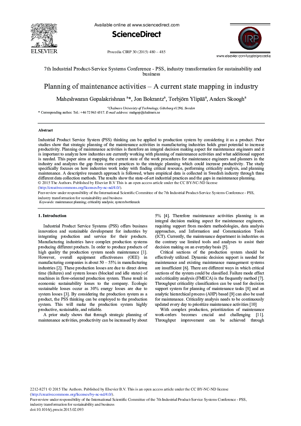 Planning of Maintenance Activities – A Current State Mapping in Industry 