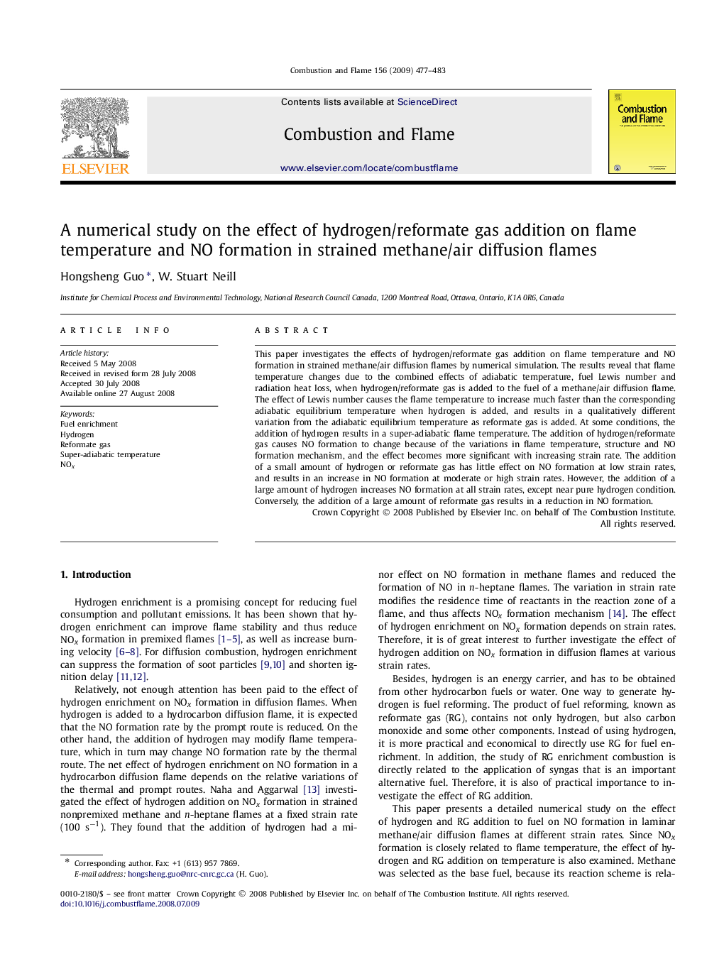 A numerical study on the effect of hydrogen/reformate gas addition on flame temperature and NO formation in strained methane/air diffusion flames