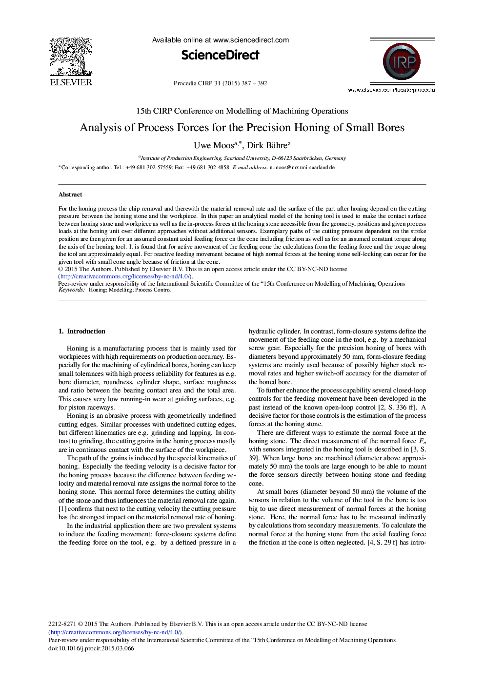 Analysis of Process Forces for the Precision Honing of Small Bores 