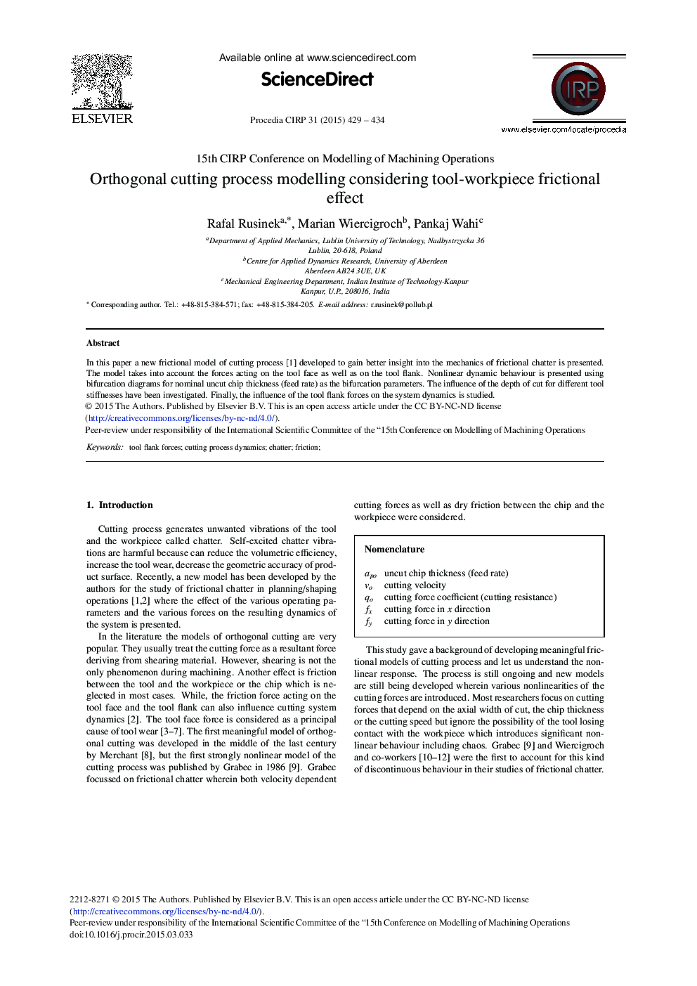 Orthogonal Cutting Process Modelling Considering Tool-workpiece Frictional Effect 