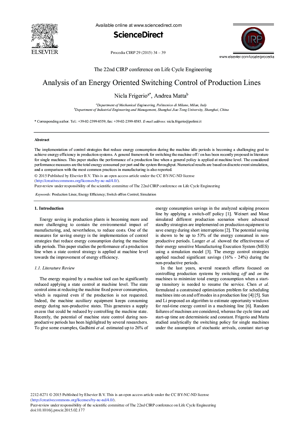 Analysis of an Energy Oriented Switching Control of Production Lines 