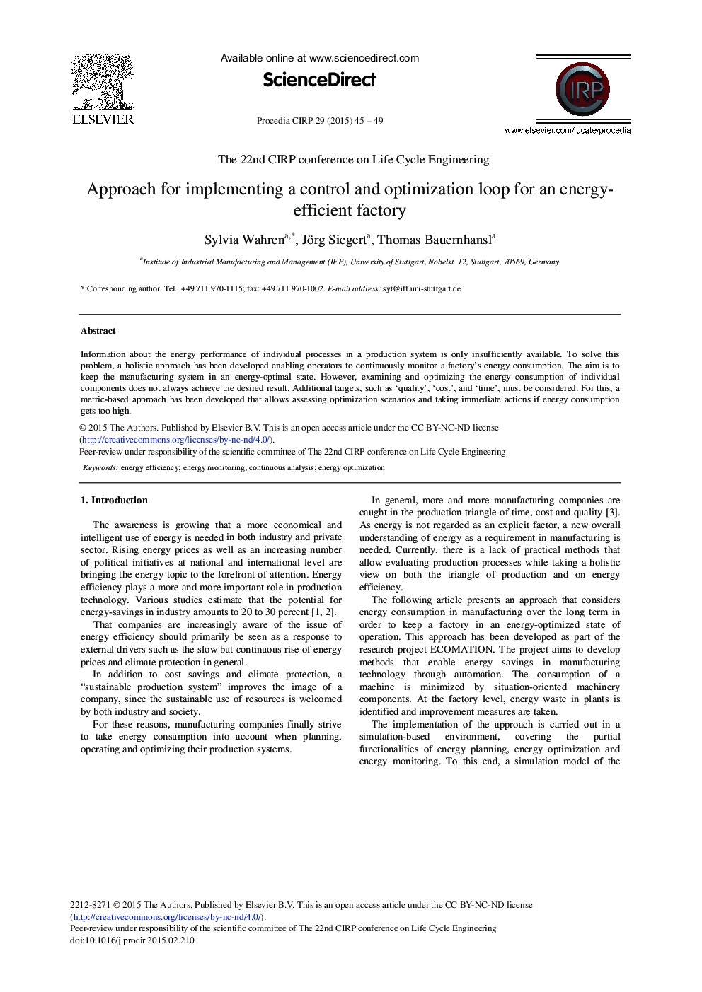 Approach for Implementing a Control and Optimization Loop for an Energy-Efficient Factory 