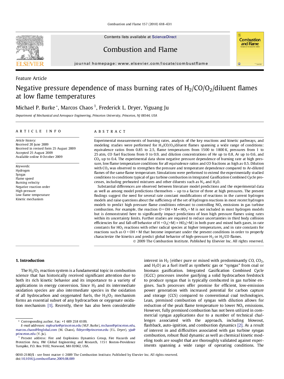 Negative pressure dependence of mass burning rates of H2/CO/O2/diluent flames at low flame temperatures