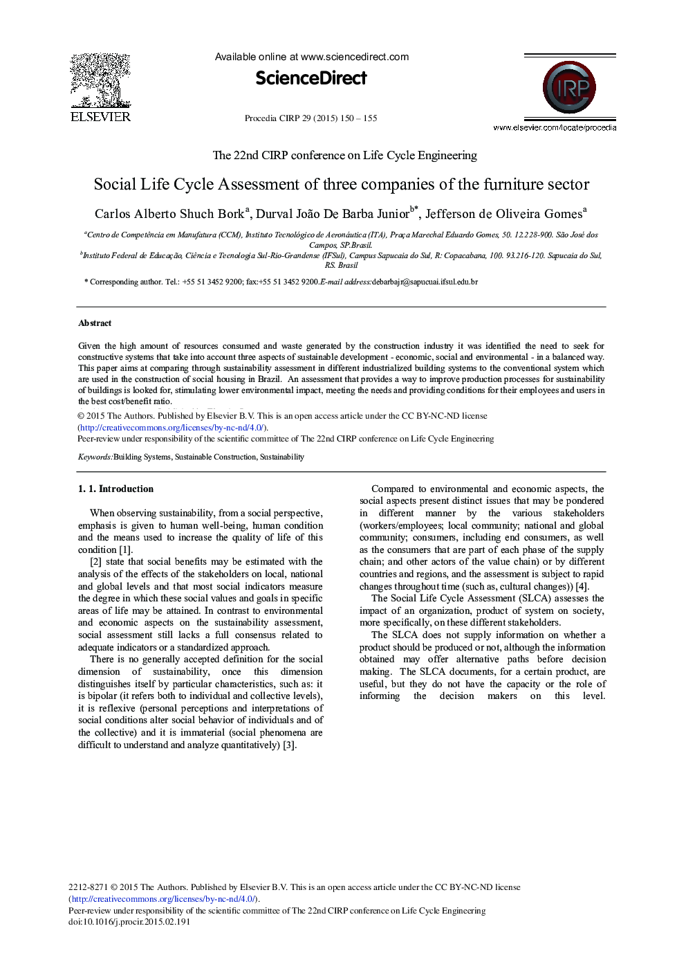 Social Life Cycle Assessment of three Companies of the Furniture Sector 