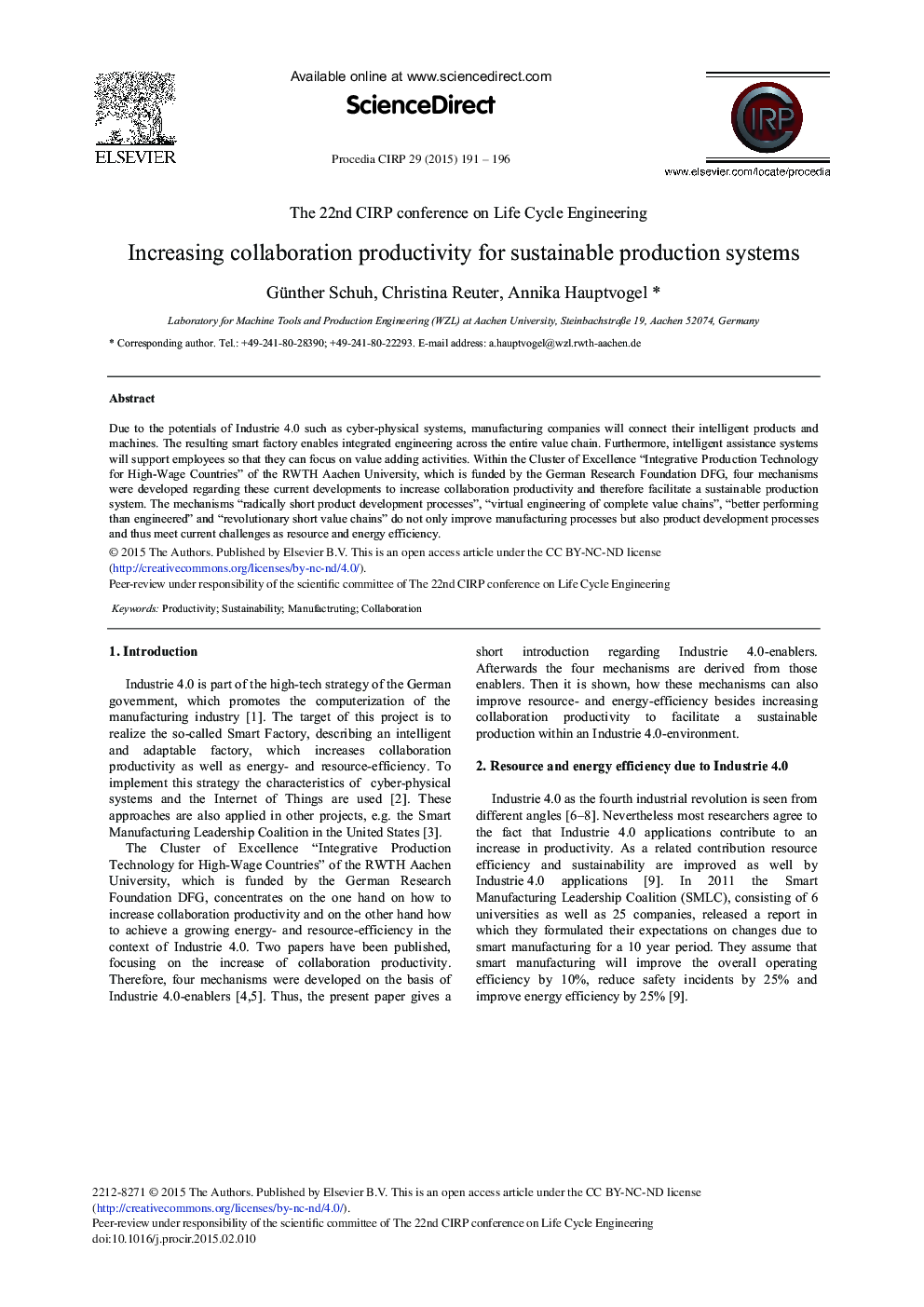 Increasing Collaboration Productivity for Sustainable Production Systems 