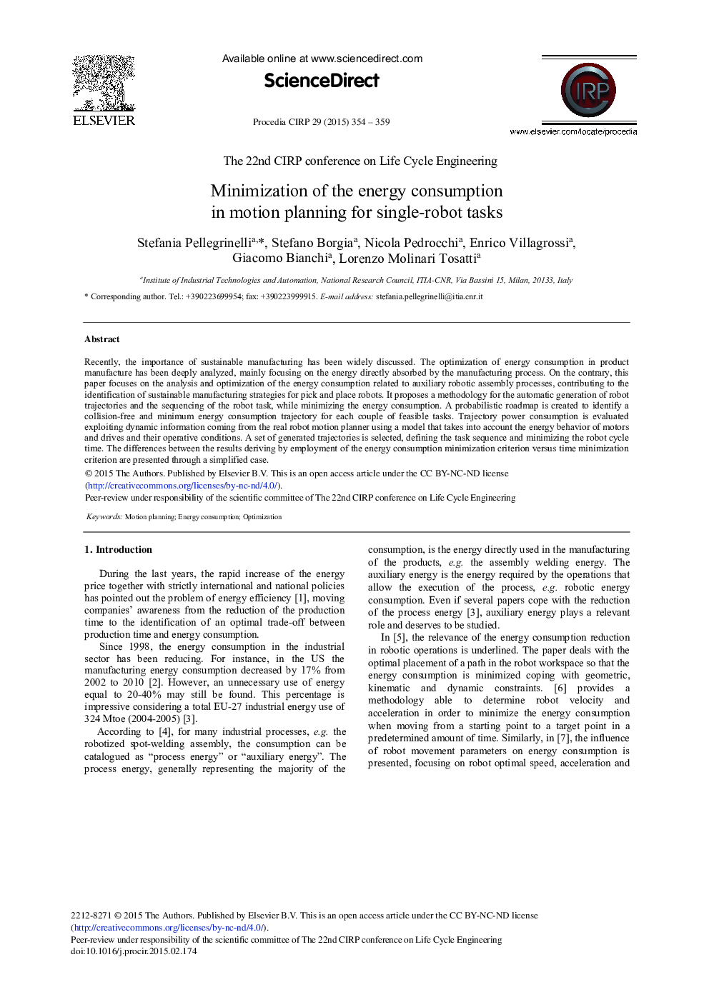 Minimization of the Energy Consumption in Motion Planning for Single-robot Tasks 