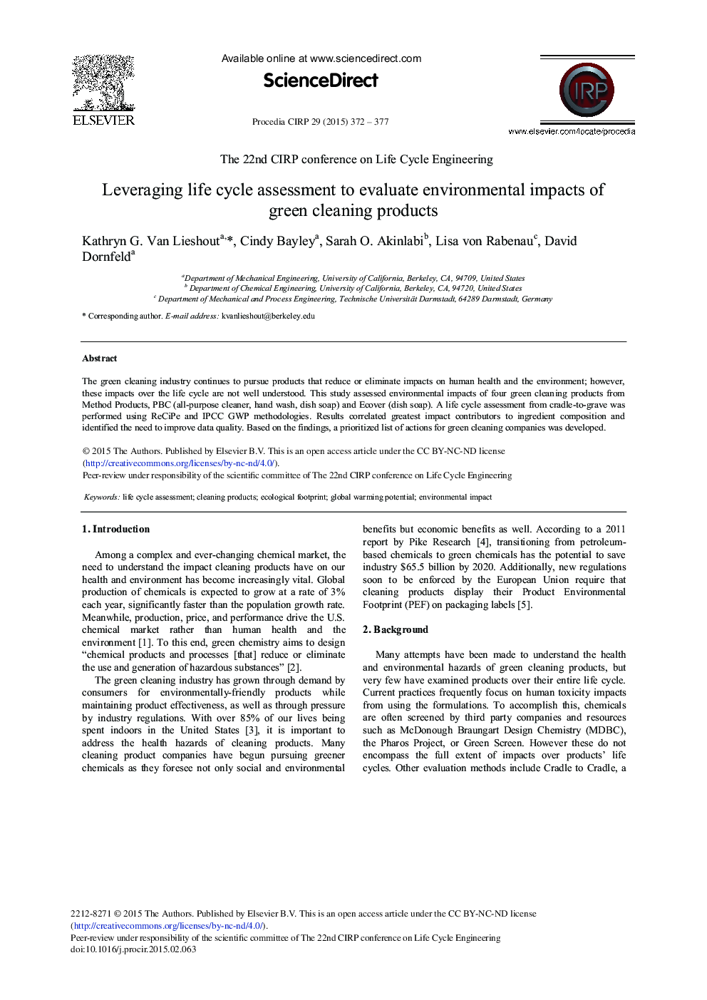 Leveraging Life Cycle Assessment to Evaluate Environmental Impacts of Green Cleaning Products 