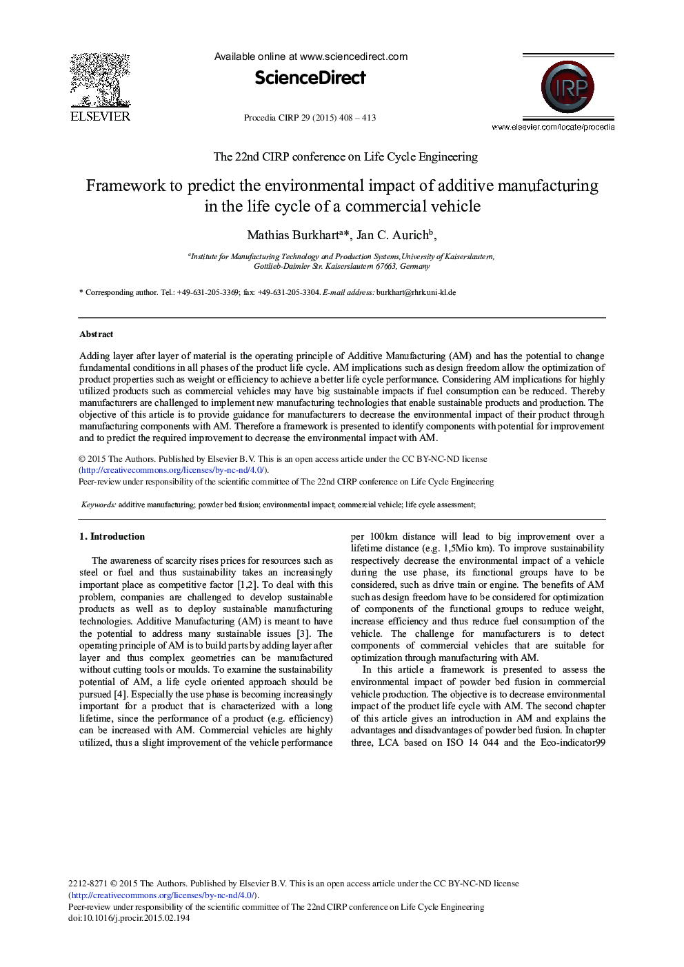 Framework to Predict the Environmental Impact of Additive Manufacturing in the Life Cycle of a Commercial Vehicle 