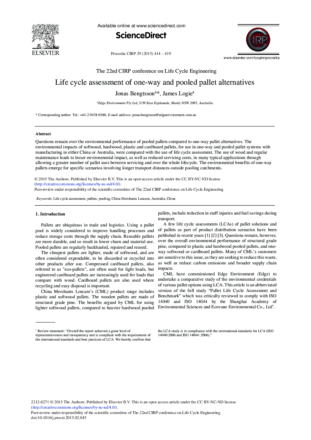 Life Cycle Assessment of One-way and Pooled Pallet Alternatives 