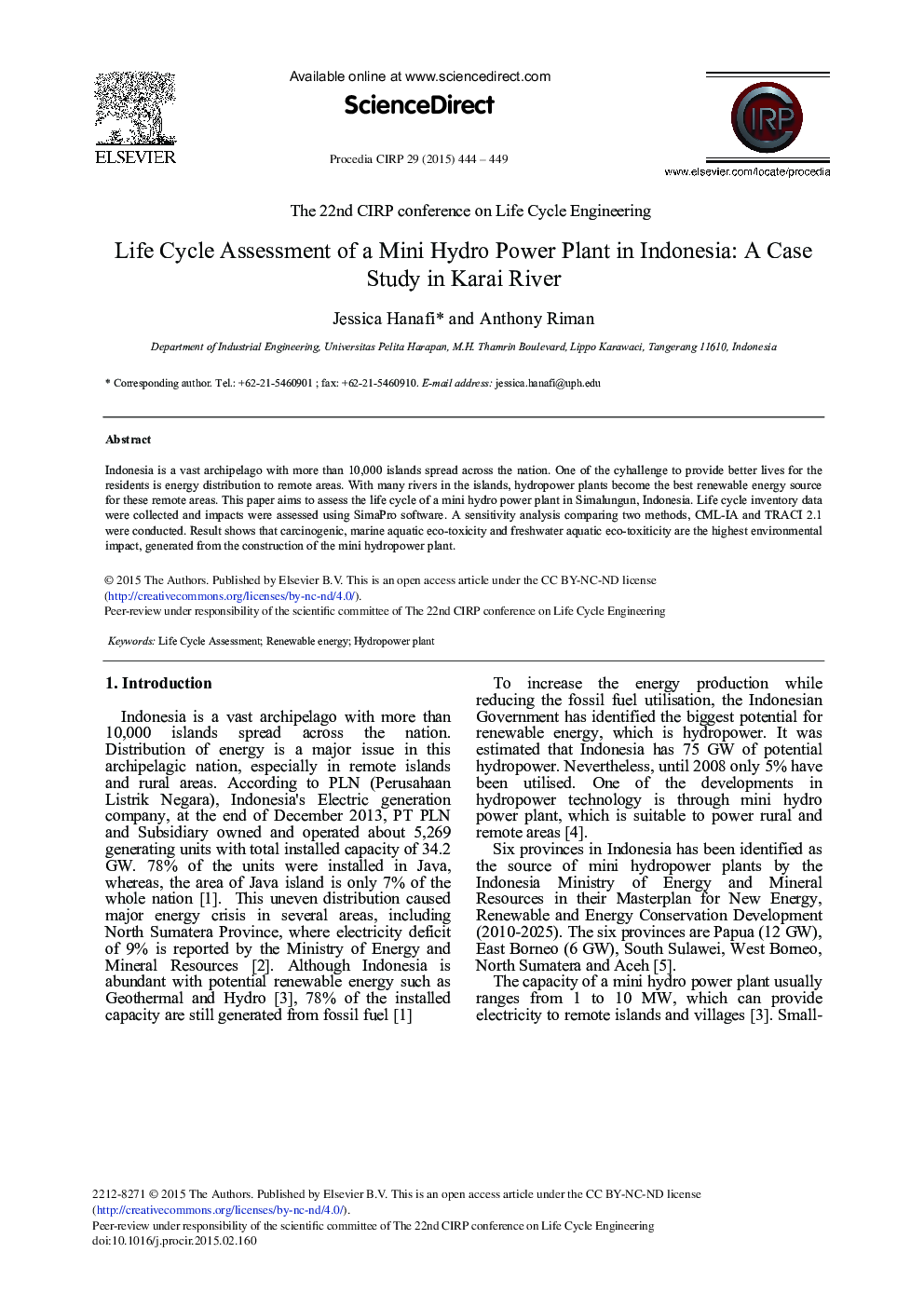 Life Cycle Assessment of a Mini Hydro Power Plant in Indonesia: A Case Study in Karai River 